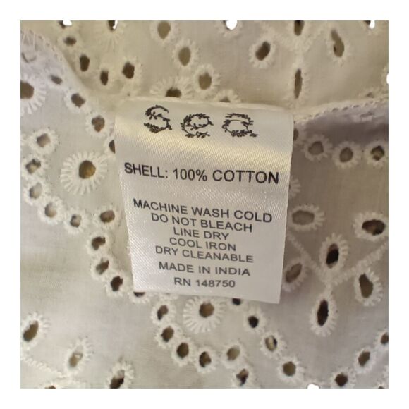 Sea New York Blouse Top Embroidered Eyelet Flutter Sleeve Cotton  Tan White S - Picture 6 of 7